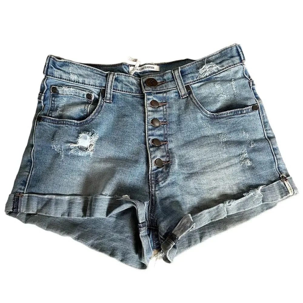One Teaspoon Harlets High Rise Distressed Denim‎ Shorts Light Wash Blue Size 27
